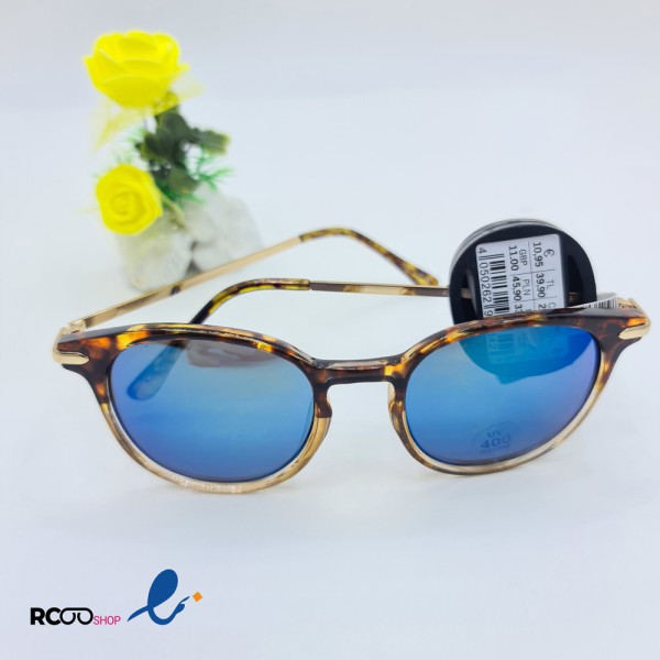 عکس از عینک آفتابی با فریم چند رنگ، دسته طلایی و عدسی آینه ای آبی رنگ کد 430-712