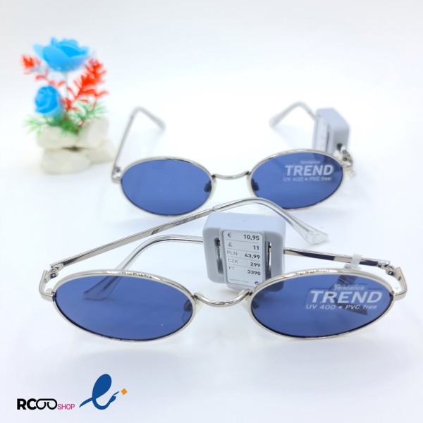عکس از عینک آفتابی بیضی شکل با عدسی آبی رنگ و فریم فلزی نقره ای مدل 324-702