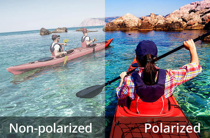 عکس از تفاوت خرید عینک آفتابی پلاریزه و عینک آفتابی بدون فیلتر پلاریزه در زمان قایق سواری
