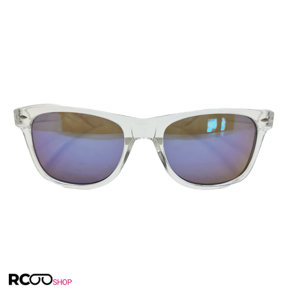 عکس از عینک آفتابی با فریم شیشه ای و بی رنگ و مربعی شکل و عدسی آینه ای آبی مدل br10