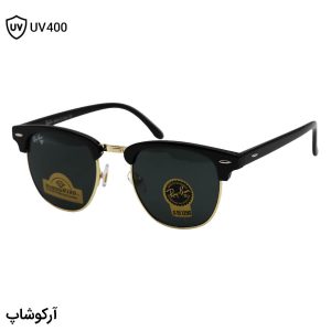 عکس از عینک آفتابی Ray-Ban با فریم کلاب مستر، رنگ مشکی و طلایی، لنز دودی تیره و جنس سنگ مدل RB3016