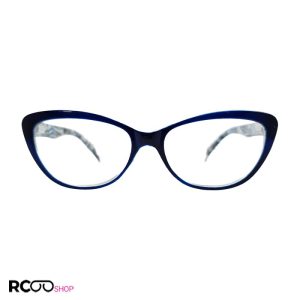 عکس از عینک مطالعه نمره +1. 25 با فریم آبی، گربه ای شکل و دسته طرح دار مدل fb2006