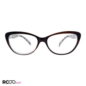 عکس از عینک مطالعه نمره +1. 50 با فریم قهوه ای، گربه ای شکل و دسته طرح دار مدل fb2006