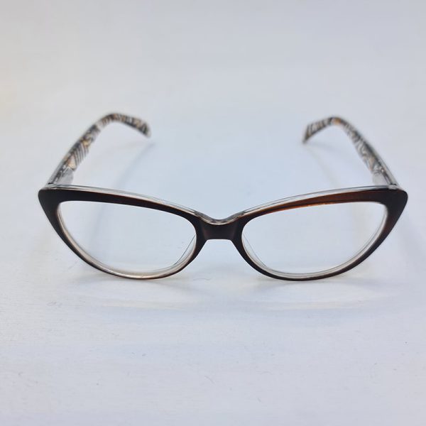 عکس از عینک مطالعه نمره +1. 50 با فریم قهوه ای، گربه ای شکل و دسته طرح دار مدل fb2006