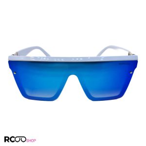 عکس از عینک آفتابی فشن با فریم سفید، لنز آینه ای و یک تکه آبی رنگ مدل 9675