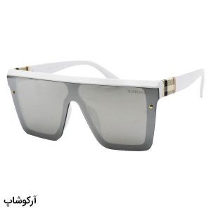 عکس از عینک آفتابی مردانه باربری با فریم سفید براق، شکل مربعی و لنز یکسره و آینه‌ای و نقره‌ای رنگ مدل 9675