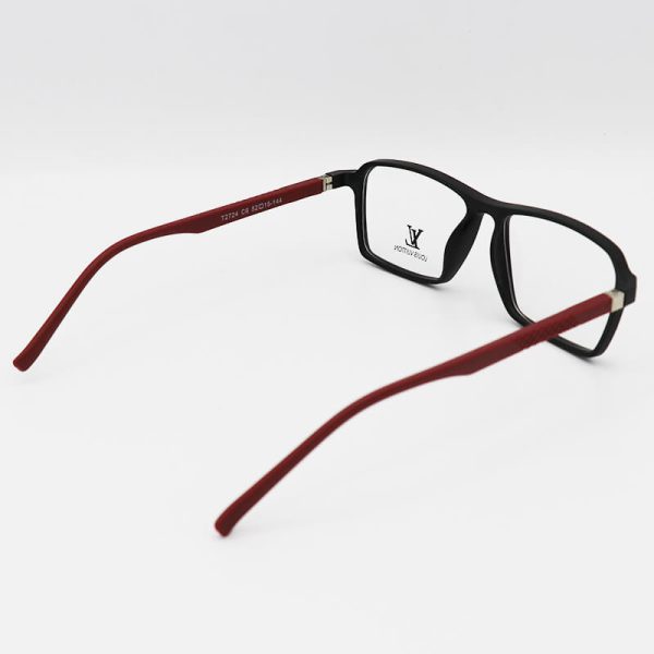 عکس از عینک طبی مربعی شکل با فریم مشکی رنگ، tr90 و دسته فنری و قرمز مدل t2724