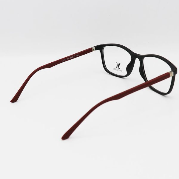 عکس از عینک طبی tr90 با فریم مشکی رنگ، مستطیلی و دسته فنری و قرمز مدل t2707
