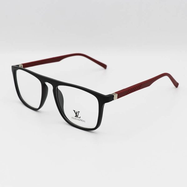 عکس از عینک طبی tr90 با فریم مشکی رنگ، مربعی و دسته فنری و قرمز مدل t2722