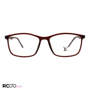 عکس از عینک طبی tr90 با فریم قهوه ای، مستطیلی شکل و دسته فنری مدل tr79