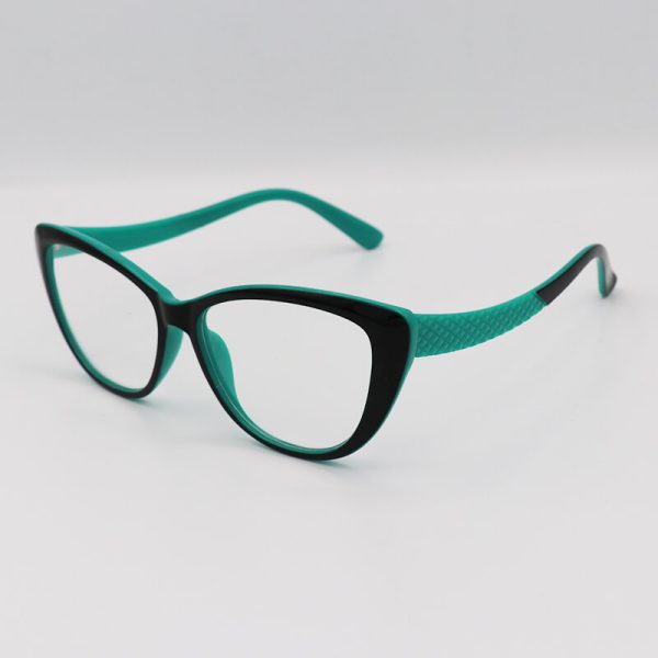 عکس از عینک مطالعه نمره +1. 50 با فریم مشکی و سبز رنگ و گربه ای شکل مدل 9001
