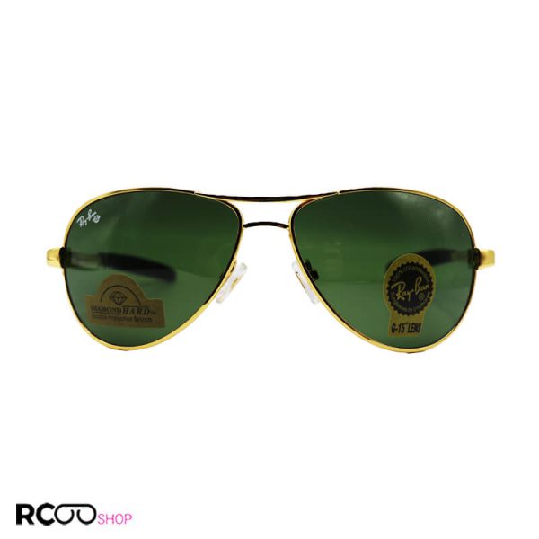 عکس از عینک آفتابی شیشه‌ای آنتی رفلکس با فریم خلبانی، طلایی و لنز سبز ری بن مدل rb3329