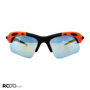عکس از عینک ورزشی نیم فریم با فریم مشکی و نارنجی و لنز آینه ای زرد مدل doch01