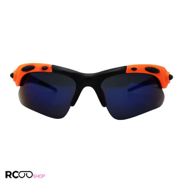 عکس از عینک ورزشی نیم فریم با فریم مشکی و نارنجی و لنز آینه ای آبی مدل doch01