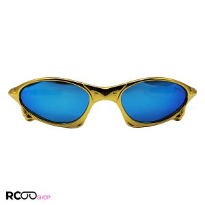عکس از عینک آفتابی اوکلی با فریم طلایی رنگ، لنز آینه ای و آبی رنگ مدل w2239