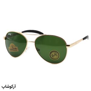 عکس از عینک آفتابی خلبانی ریبن با فریم طلایی مات، دسته فنری و لنز آنتی رفلکس و سبز رنگ مدل RB8328