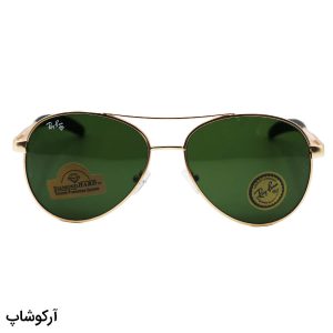 عکس از عینک آفتابی خلبانی ریبن با فریم طلایی مات، دسته فنری و لنز آنتی رفلکس و سبز رنگ مدل RB8328