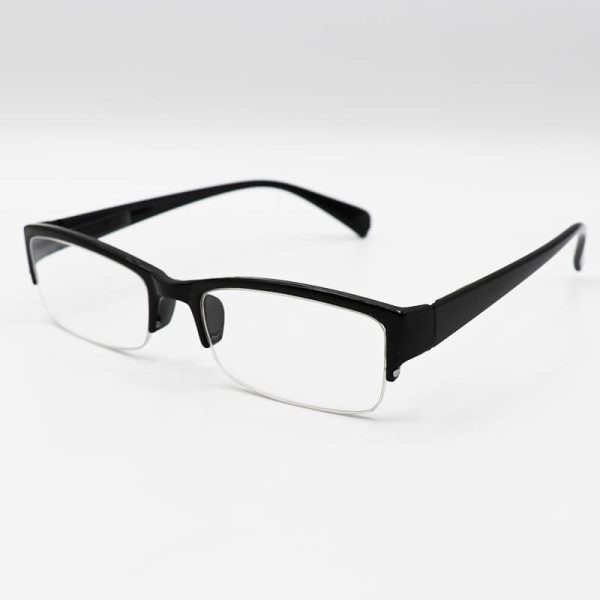 عکس از عینک مطالعه نیم فریم، کائوچو، مشکی رنگ، مستطیلی شکل و دسته فنری مدل 24