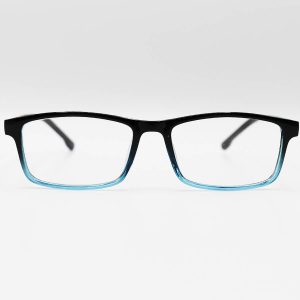عکس از عینک مطالعه نزدیک بین با فریم مشکی و آبی، مستطیلی شکل و دسته طرح دار مدل DBB09