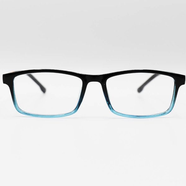 عکس از عینک مطالعه نزدیک بین با فریم مشکی و آبی، مستطیلی شکل و دسته طرح دار مدل dbb09