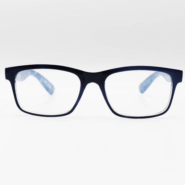عکس از عینک مطالعه نزدیک بین با فریم مستطیلی، آبی رنگ و دسته طرح دار مدل 18192