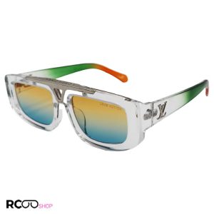 عکس از عینک آفتابی مستطیلی lv با فریم شفاف، دسته چند رنگ، پل نقره ای و لنز دو رنگ هایلایت مدل 8835