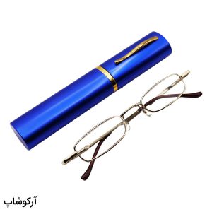 عکس از عینک مطالعه خودکاری نزدیک بین با فریم طلایی، دسته فنری، لنز شیشه ای و قاب آبی مدل ca1035