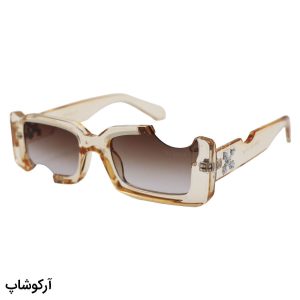 عکس از عینک آفتابی فانتزی OFF-WHITE با فریم مستطیلی، رنگ عسلی و لنز قهوه‌ای هایلایت و طرح گاز زده مدل 22030