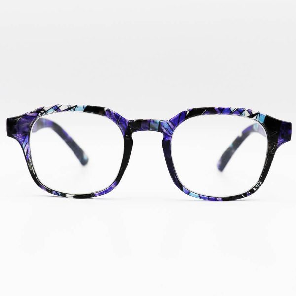 عکس از عینک مطالعه نزدیک بین با فریم مربعی، رنگ بنفش طرح دار و دسته فنری مدل 22-11