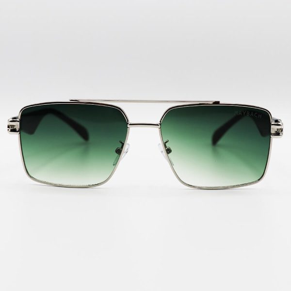 عکس از عینک آفتابی مستطیلی با فریم نقره ای رنگ، دسته مشکی و لنز سبز سایه روشن maybach مدل 2324