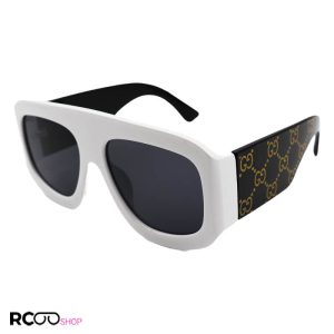عکس از عینک آفتابی فانتزی با فریم سفید، مربعی شکل، دسته مشکی رنگ و پهن و لنز تیره gucci مدل 6009