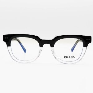 عکس از عینک طبی با فریم دو رنگ، مربعی شکل، از جنس کائوچو، دسته مشکی رنگ و لولا فلزی PRADA مدل 2120