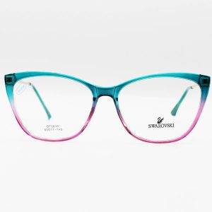 عکس از عینک طبی با فریم چشم گربه ای، رنگ سبز و صورتی، دسته طلایی رنگ و فنری SWAROVSKI مدل DT1819