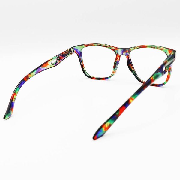 عکس از عینک مطالعه نزدیک بین با فریم سبز چند رنگ، مربعی شکل و دسته فنری مدل 22-9