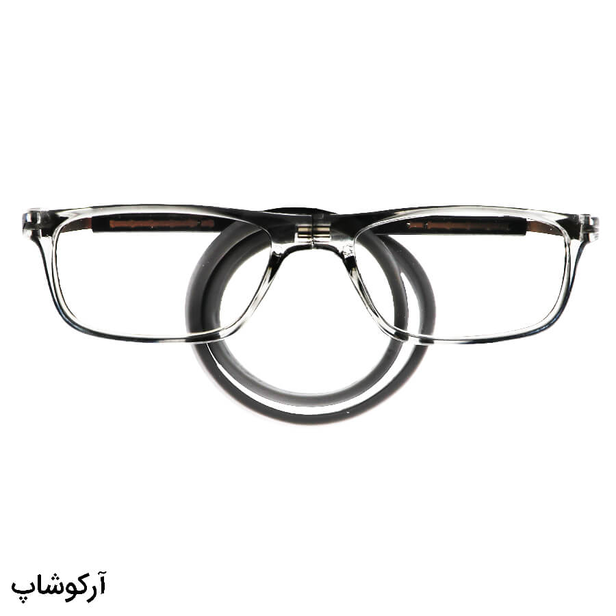 عکس از عینک مطالعه نزدیک بین با فریم طوسی رنگ، مگنتی، مستطیلی شکل و بند ژله ای مدل mot50