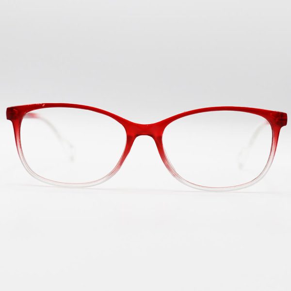 عکس از عینک مطالعه نزدیک بین با فریم مستطیلی شکل، قرمز رنگ و دسته فنری مدل 22-3