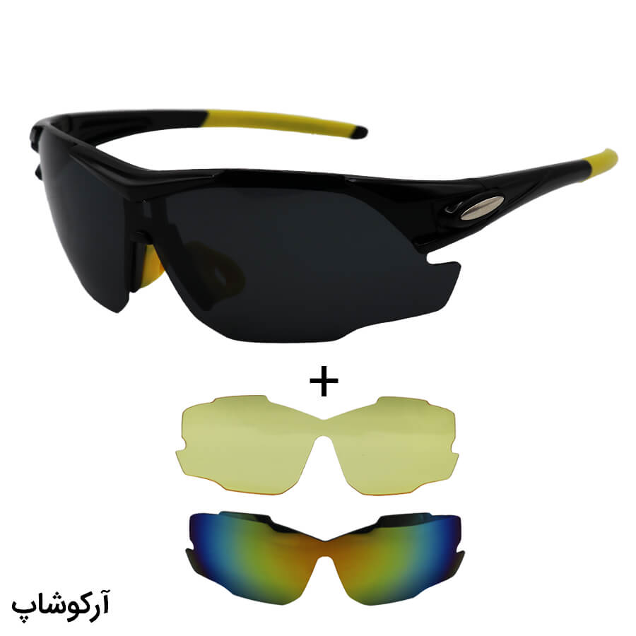 Black-Frame-And-3-Extra-Lenses-Sunglasses-For-Sport-Model-9191-C1-1 عکس از عینک ورزشی با فریم مشکی رنگ، 3 لنز قابل تعویض و تجهیزات کامل مدل 9191-c1