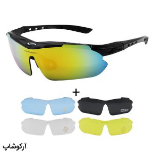 عکس از عینک ورزشی اوکلی با فریم مشکی رنگ، 5 کاور لنز قابل تعویض، بند، بند کشی و تجهیزات کامل مدل 0089