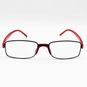 عکس از عینک مطالعه نزدیک بین با فریم مستطیلی شکل و دسته قرمز رنگ مدل R1658