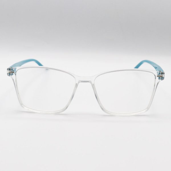 عکس از عینک مطالعه نزدیک بین با فریم مستطیلی شکل، بی رنگ و دسته آبی مدل 3205