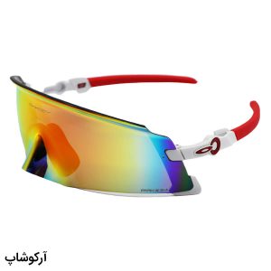 عکس از عینک ورزشی اوکلی با فریم سفید و قرمز رنگ، لنز آینه ای و چند رنگ مدل 009455