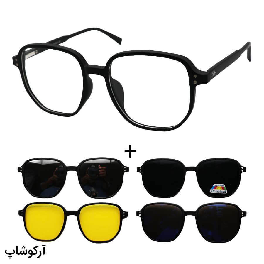 Black-Square-Frame-Ray-Ban-Eyewear-With-4-Extra-Lenses-Model-Tr2363-Bl-1 عکس از عینک طبی 4 کاوره با فریم مربعی شکل، رنگ مشکی، از جنس کائوچو و دسته فنری مدل tr2363