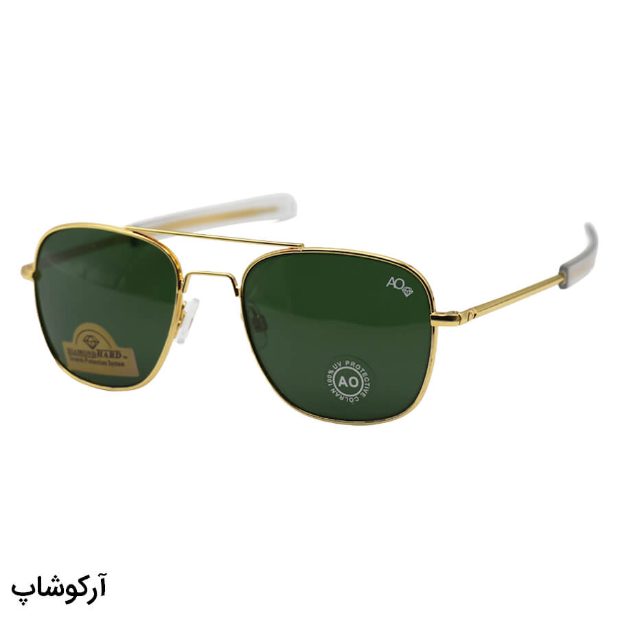 Golden-Avitator-Frame-And-Golden-Handle-And-Green-Hard-Diamond-Uv-Protection-Lens-American-Optical-Sunglasses-Model-Ao-S54-Gl-1 عکس از عینک آفتابی امریکن اپتیکال با فریم طلایی رنگ، شکل خلبانی و لنز سبز تیره و جنس شیشه و سنگ مدل ao-s54
