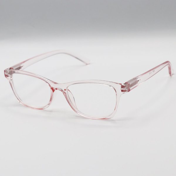 عکس از عینک مطالعه نزدیک بین با فریم صورتی رنگ، مستطیلی شکل و دسته فنری مدل 8987