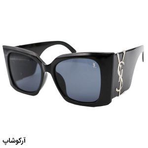 عکس از عینک آفتابی فانتزی YSL با فریم مشکی رنگ، اور سایز، دسته پهن و لنز دودی تیره مدل 23015