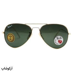 عکس از عینک آفتابی ریبن با فریم طلایی، خلبانی، لنز سنگ، سبز رنگ، آنتی رفلکس و پلاریزه مدل 3026-S62
