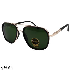 عکس از عینک آفتابی Ray-Ban با فریم چندضلعی، طلایی رنگ، دسته فنری و لنز سنگ و سبز تیره مدل RB3118