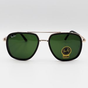 عکس از عینک آفتابی Ray-Ban با فریم چندضلعی، طلایی رنگ، دسته فنری و لنز سنگ و سبز تیره مدل RB3118