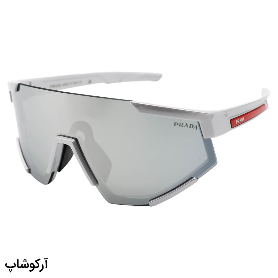 Silver-Frame-And-Silver-Mirror-Uv-Protection-Lens-Prada-Sunglasses-Model-Zs2316-Si-1 عکس از عینک ورزشی با فریم رنگ نقره ای براق، لنز آینه ای و جیوه ای برند prada مدل zs2316