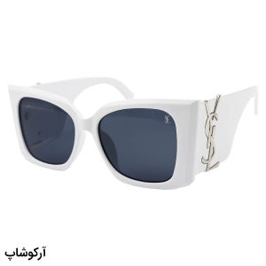عکس از عینک آفتابی فانتزی YSL با فریم سفید رنگ، اور سایز، دسته پهن و لنز دودی تیره مدل 23015